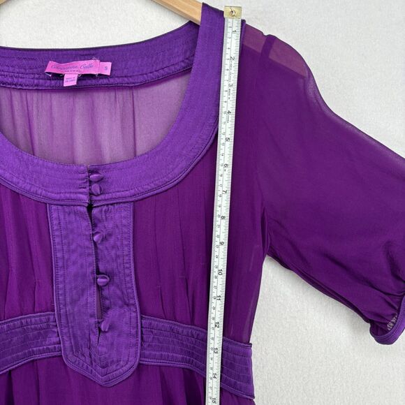 CALYPSO Dress S Small CHRISTIANE CELLE Silk Sheer Satin Trim Knee Length Purple - Picture 12 of 15
